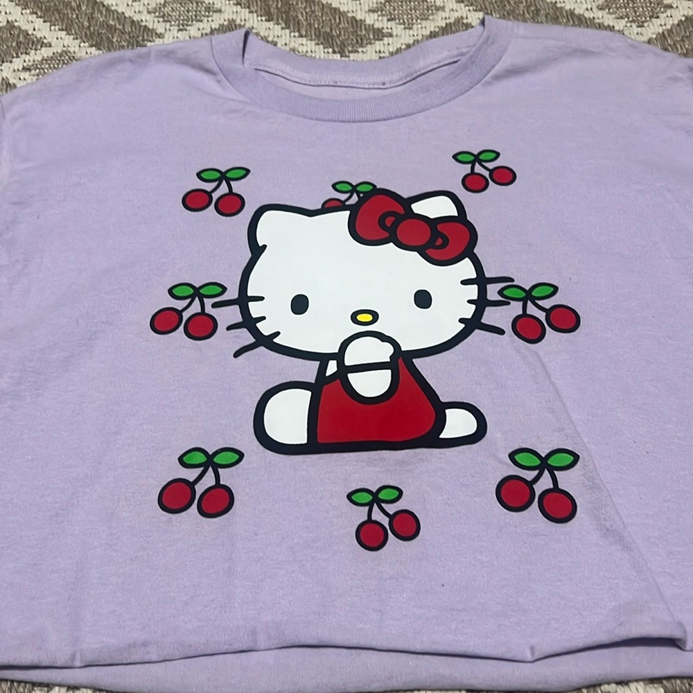 NWOT Hello Kitty Size Large Cropped Purple and Cherries Short Sleeve T Shirt